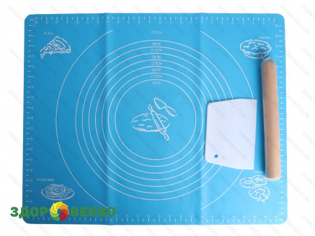 фото Силиконовый коврик для выпечки и раскатки теста, 40 х 50 см, синий, в комплекте скалка и нож