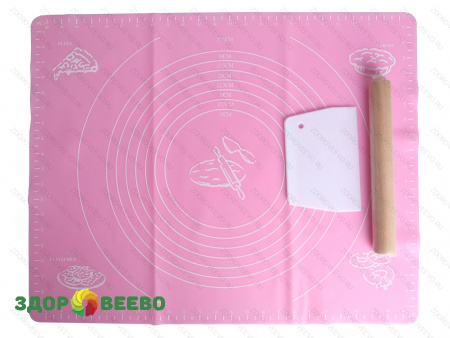 фото Силиконовый коврик для выпечки и раскатки теста, 40 х 50 см, розовый, в комплекте скалка и нож