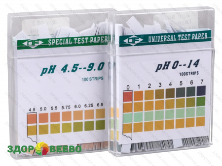 фото Индикаторная бумага (pH тест) 2 пластиковых бокса по 100 полосок, от 0 до 14 pH и от 4.5 до 9 pH