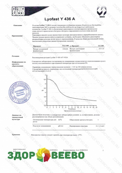 фото Закваска для йогурта Lyofast Y 436 A 10 UC (на 250 - 2000 л, Sacco)